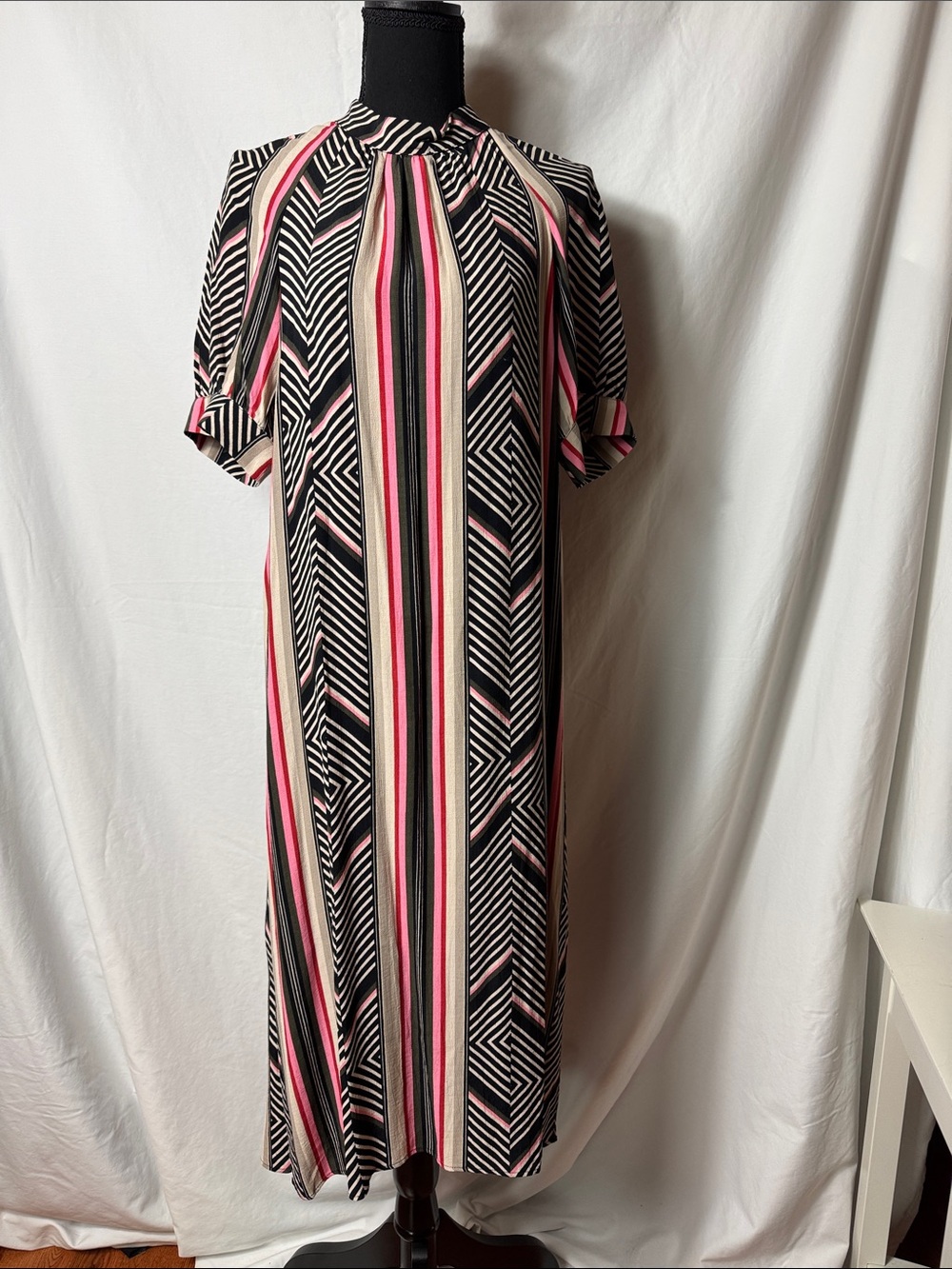 Anthropologie Black, Pink & Cream Striped Geometric Maxi Dress